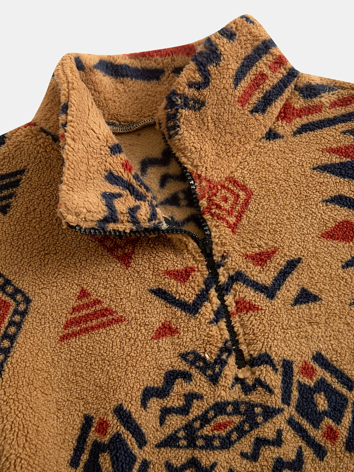 Loose Fleece Sweatshirt – Ethnic Graphic Half-Zip Stand Collar Long Sleeve Top