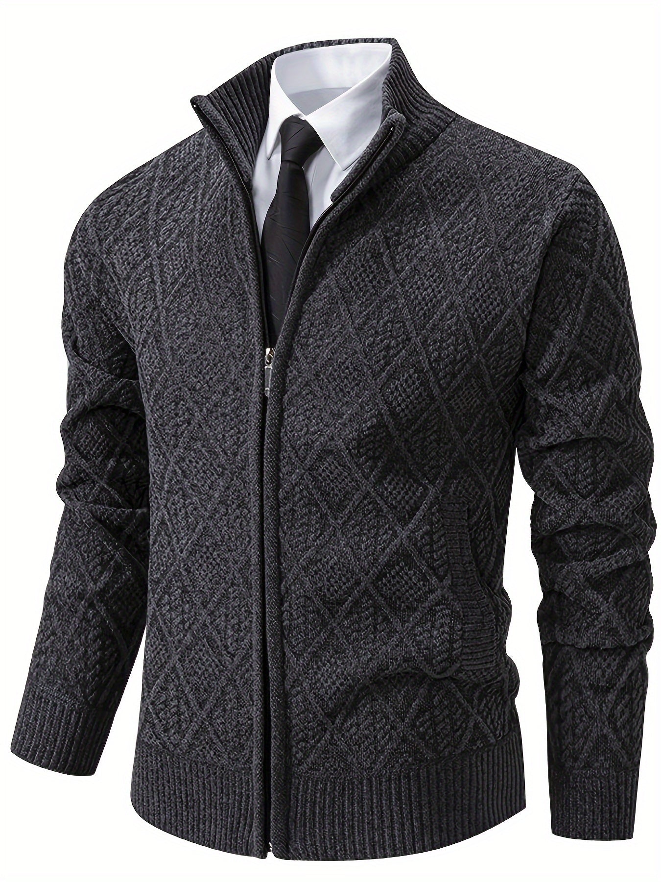 Knitted Stand Collar Cardigan – Casual Rhombus Sweater