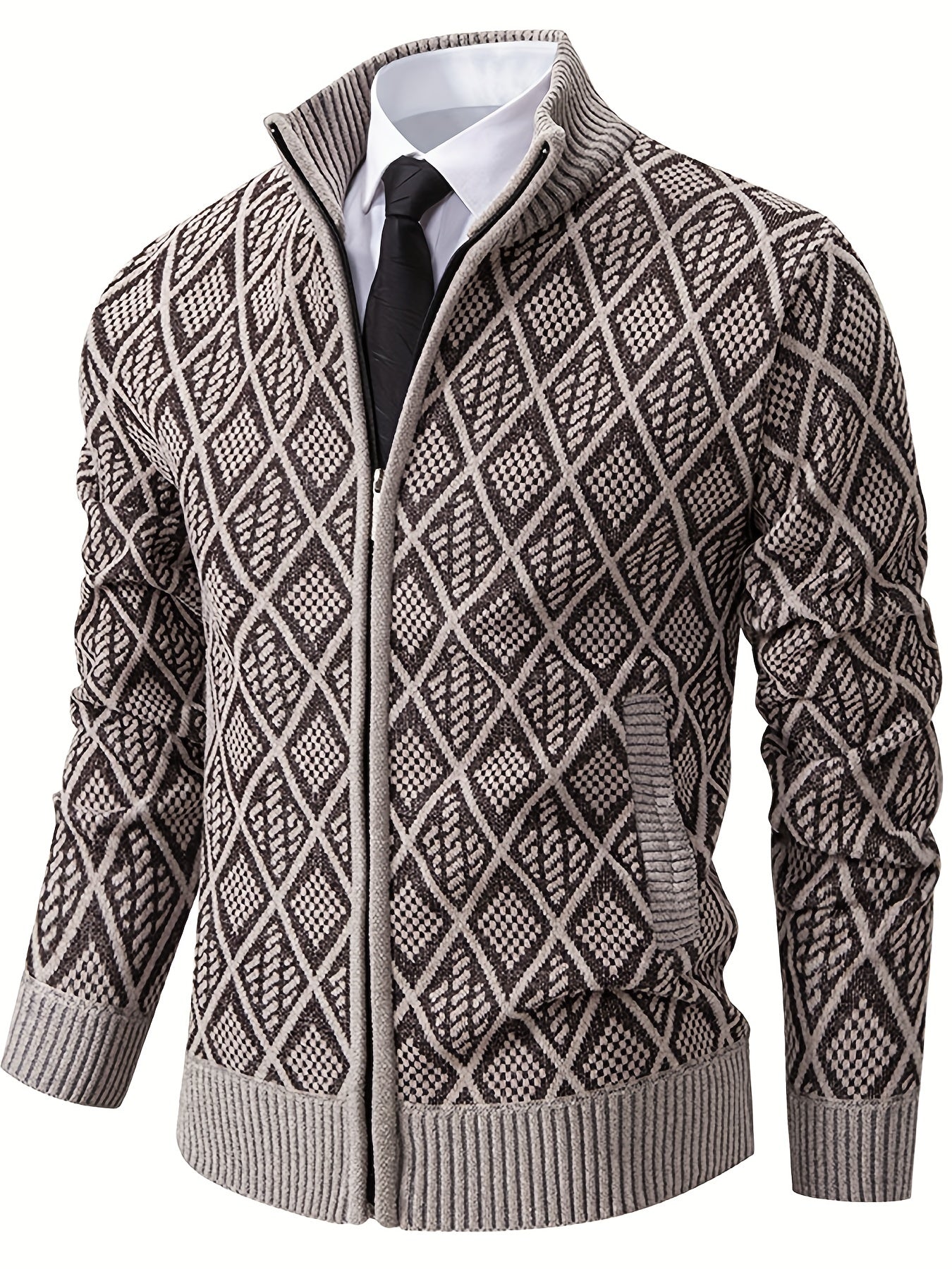 Knitted Stand Collar Cardigan – Casual Rhombus Sweater