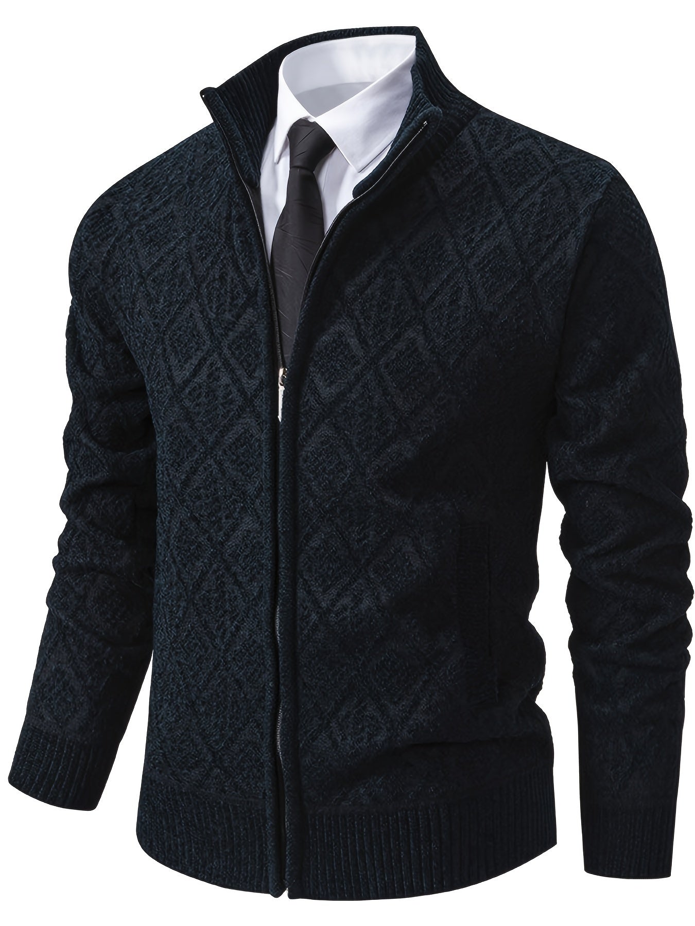 Knitted Stand Collar Cardigan – Casual Rhombus Sweater