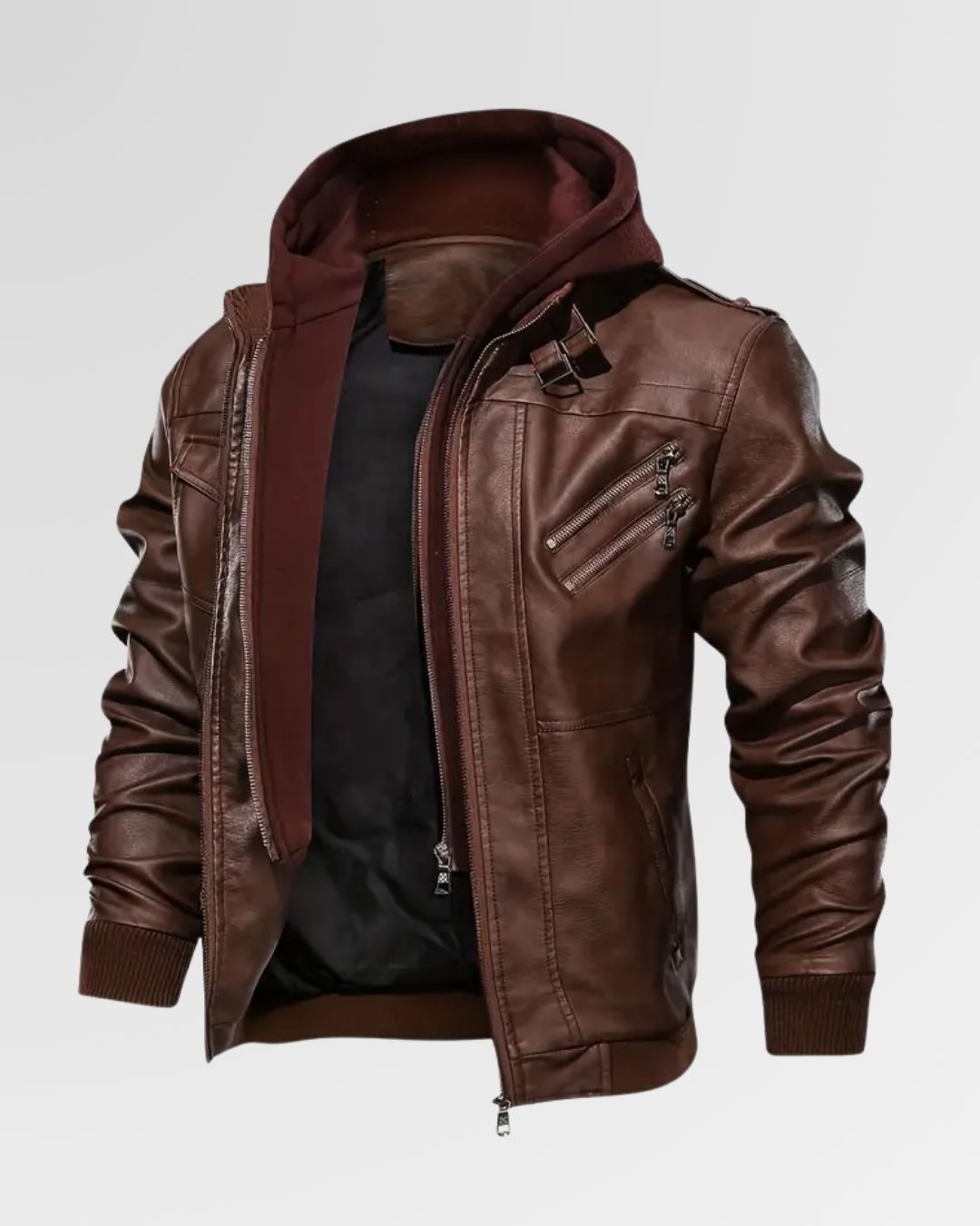 Trendy Double-Zip Hooded Jacket – Faux Leather Biker Coat with Fur Trim