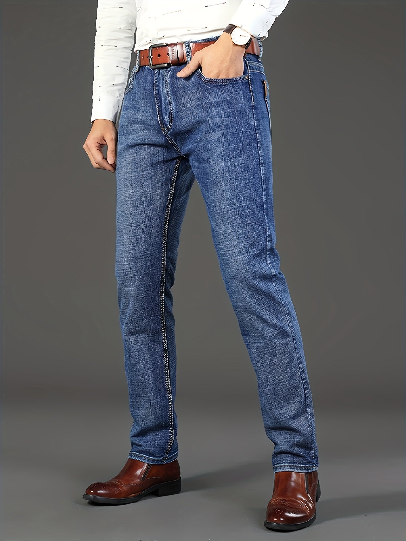 Classic Solid Color Regular Fit Jeans – Stretch Straight Leg Pants for Casual & Business Wear