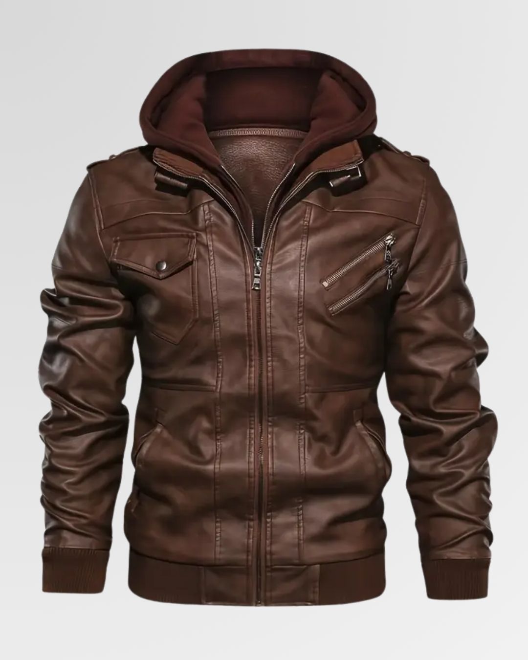 Trendy Double-Zip Hooded Jacket – Faux Leather Biker Coat with Fur Trim