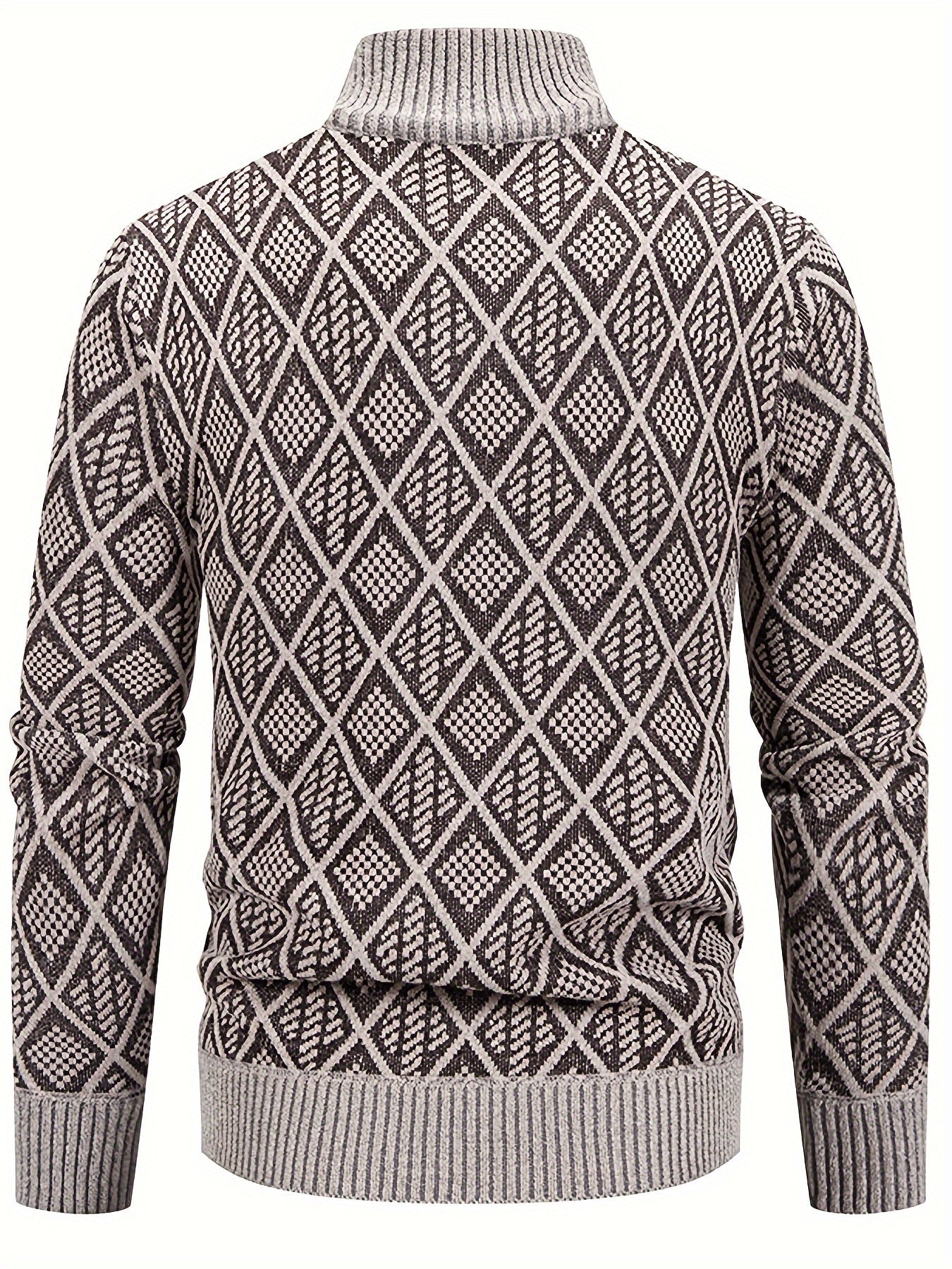 Knitted Stand Collar Cardigan – Casual Rhombus Sweater