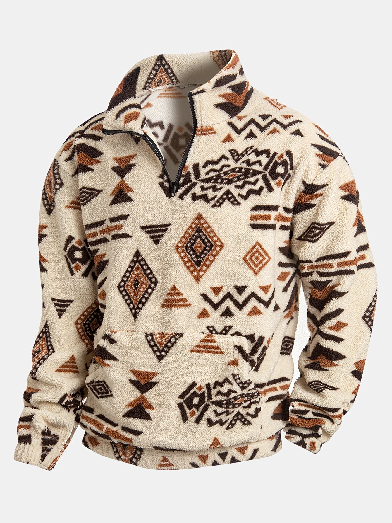 Loose Fleece Sweatshirt – Ethnic Graphic Half-Zip Stand Collar Long Sleeve Top