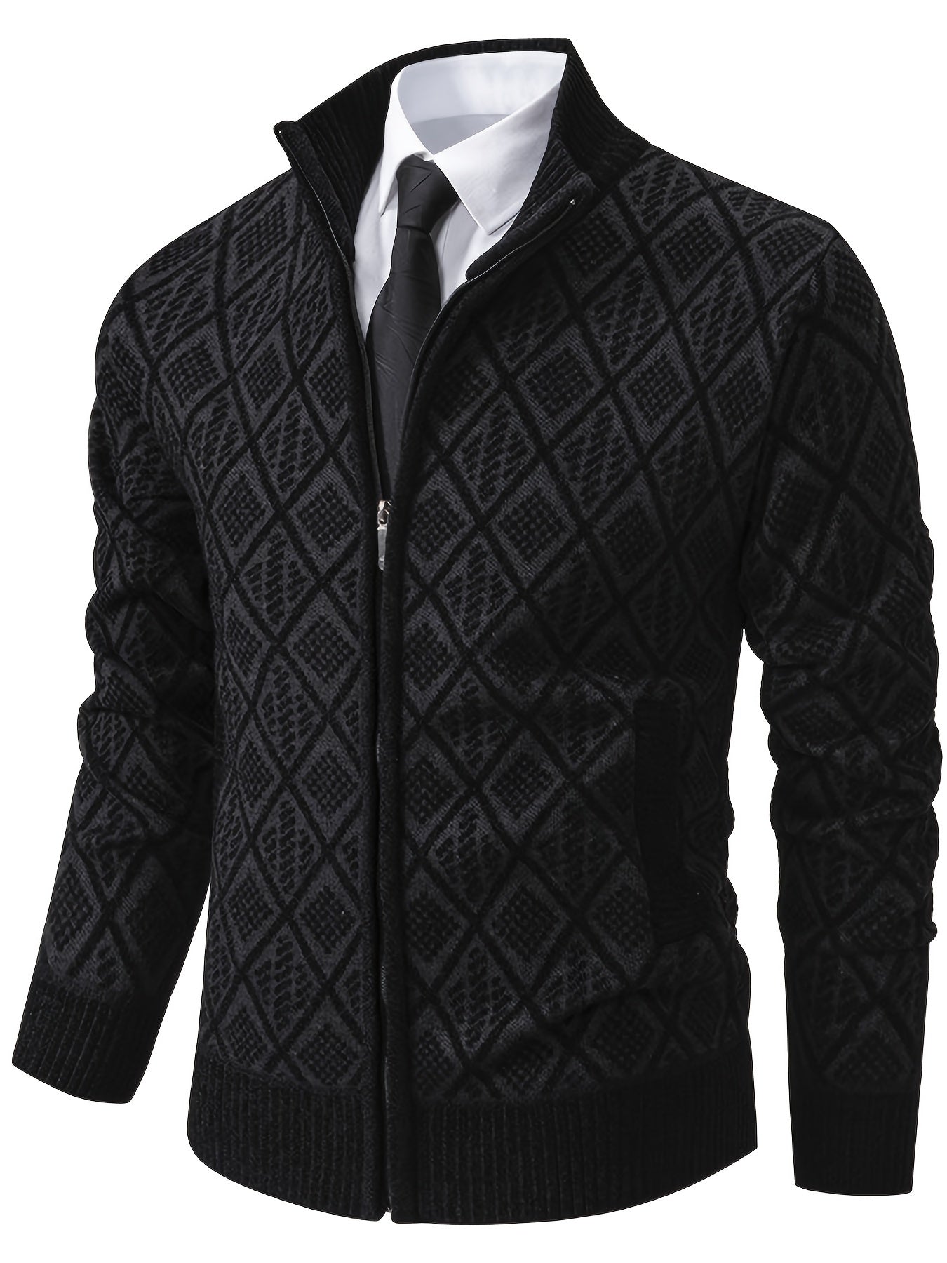 Knitted Stand Collar Cardigan – Casual Rhombus Sweater
