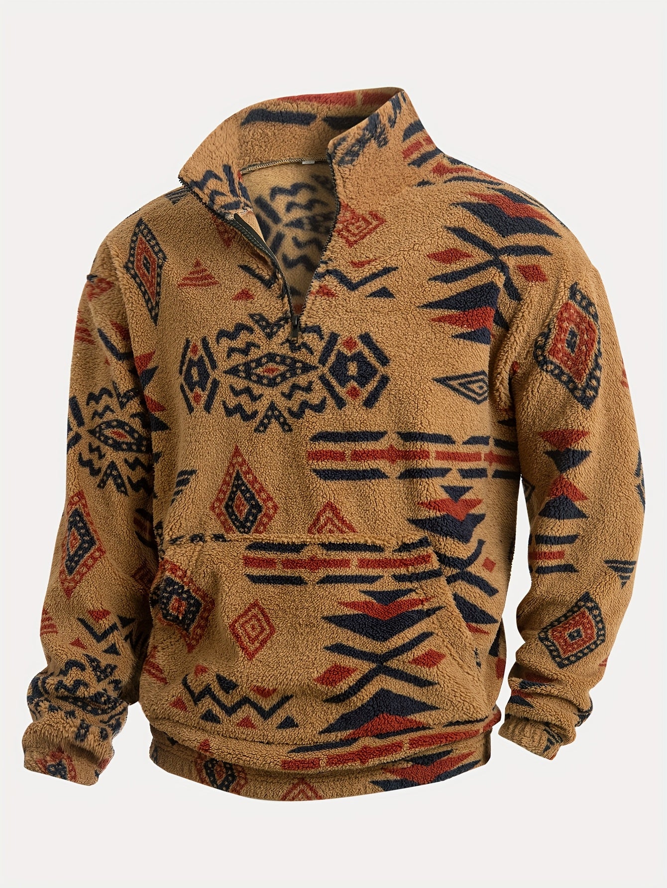 Loose Fleece Sweatshirt – Ethnic Graphic Half-Zip Stand Collar Long Sleeve Top