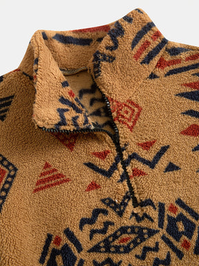 Loose Fleece Sweatshirt – Ethnic Graphic Half-Zip Stand Collar Long Sleeve Top