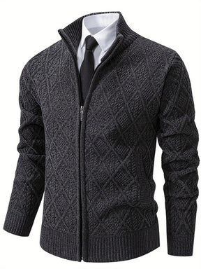 Knitted Stand Collar Cardigan – Casual Rhombus Sweater