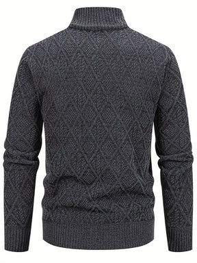 Knitted Stand Collar Cardigan – Casual Rhombus Sweater