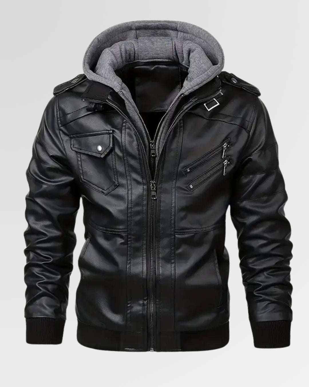 Trendy Double-Zip Hooded Jacket – Faux Leather Biker Coat with Fur Trim