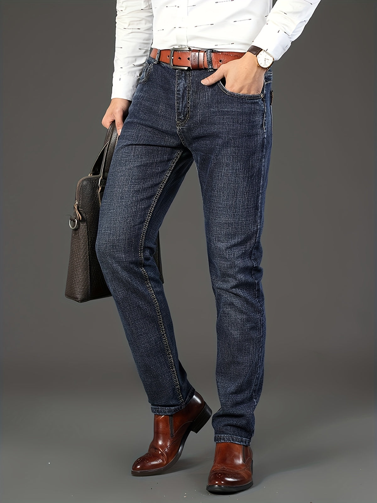 Classic Solid Color Regular Fit Jeans – Stretch Straight Leg Pants for Casual & Business Wear