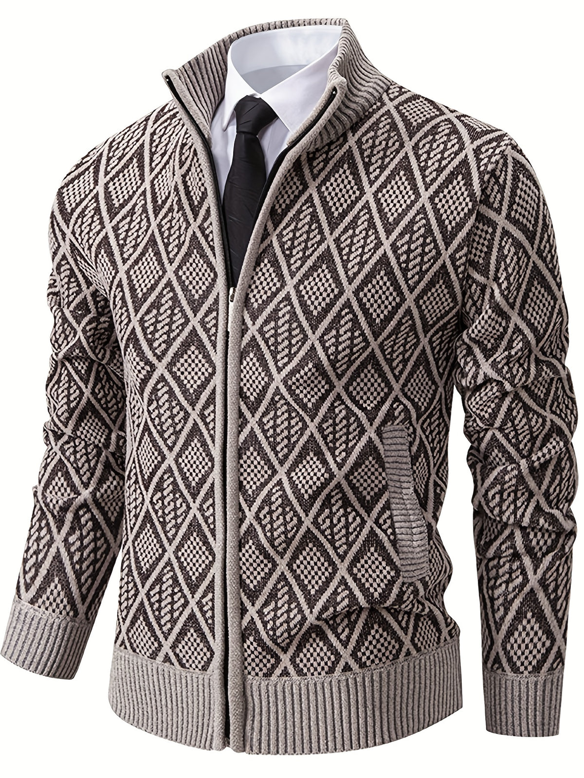 Knitted Stand Collar Cardigan – Casual Rhombus Sweater