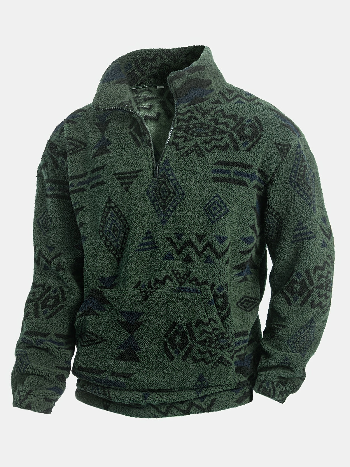 Loose Fleece Sweatshirt – Ethnic Graphic Half-Zip Stand Collar Long Sleeve Top