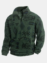 Loose Fleece Sweatshirt – Ethnic Graphic Half-Zip Stand Collar Long Sleeve Top