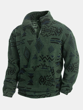 Loose Fleece Sweatshirt – Ethnic Graphic Half-Zip Stand Collar Long Sleeve Top