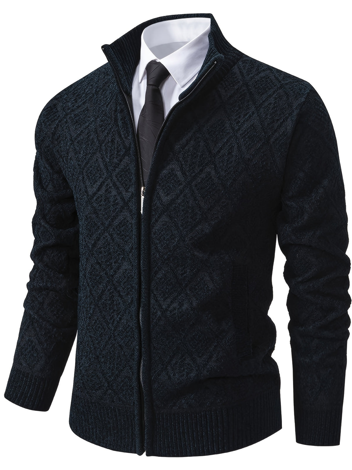 Knitted Stand Collar Cardigan – Casual Rhombus Sweater