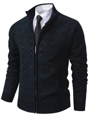 Knitted Stand Collar Cardigan – Casual Rhombus Sweater