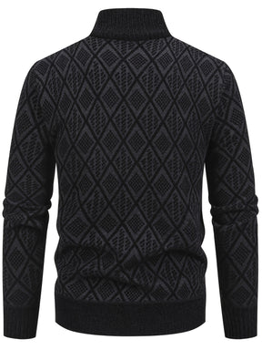 Knitted Stand Collar Cardigan – Casual Rhombus Sweater