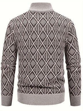 Knitted Stand Collar Cardigan – Casual Rhombus Sweater