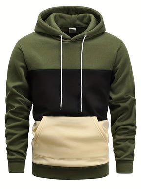 Casual Color Block Hoodie – Men’s Long Sleeve Pullover with Kangaroo Pocket