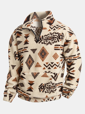 Loose Fleece Sweatshirt – Ethnic Graphic Half-Zip Stand Collar Long Sleeve Top