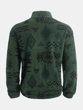 Loose Fleece Sweatshirt – Ethnic Graphic Half-Zip Stand Collar Long Sleeve Top