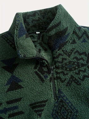 Loose Fleece Sweatshirt – Ethnic Graphic Half-Zip Stand Collar Long Sleeve Top