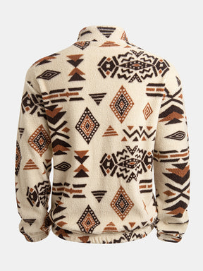Loose Fleece Sweatshirt – Ethnic Graphic Half-Zip Stand Collar Long Sleeve Top