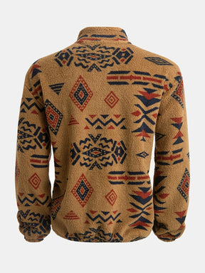 Loose Fleece Sweatshirt – Ethnic Graphic Half-Zip Stand Collar Long Sleeve Top
