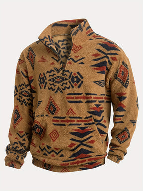 Loose Fleece Sweatshirt – Ethnic Graphic Half-Zip Stand Collar Long Sleeve Top